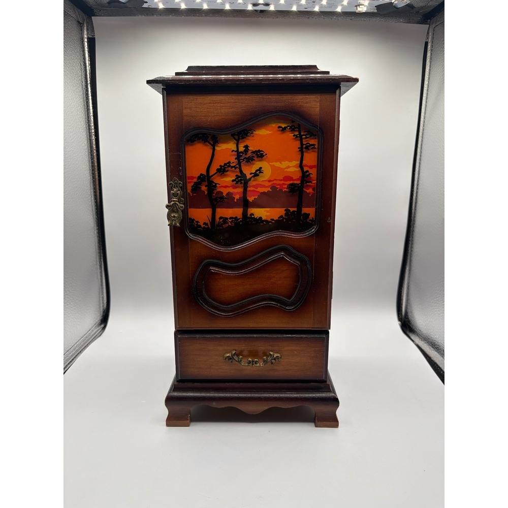 Vintage Wooden Jewelry Box Armoire Sunset Scene Music Box Cabinet 3 Drawers